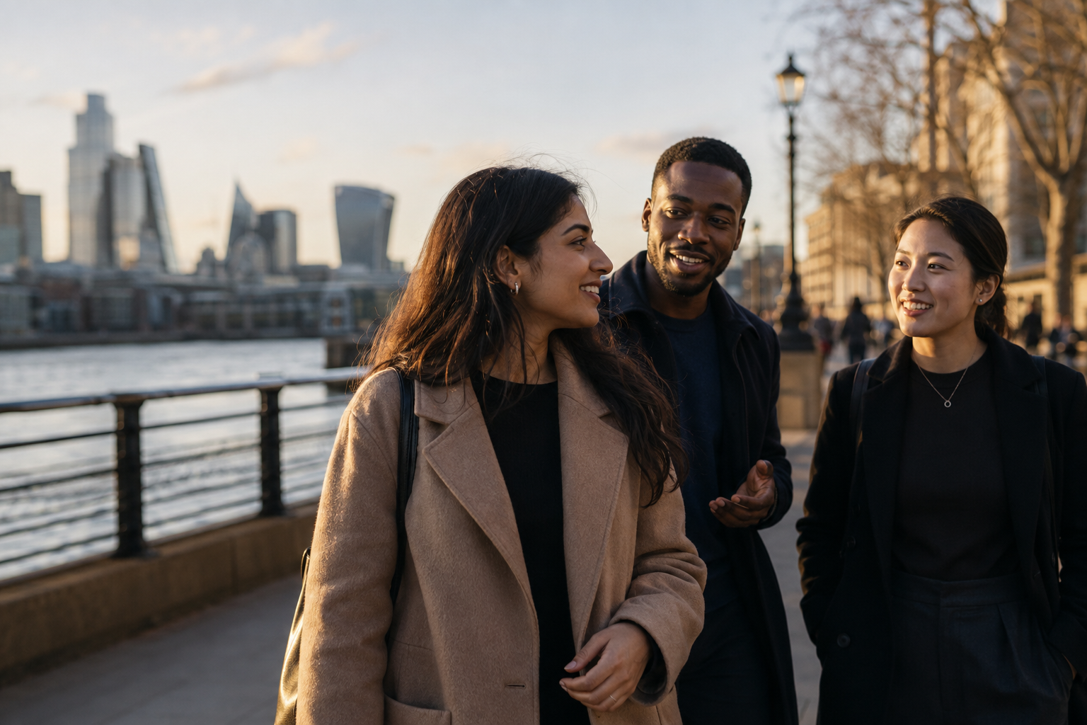 AI-generated illustration of technology professionals sharing a moment beside the Thames in London